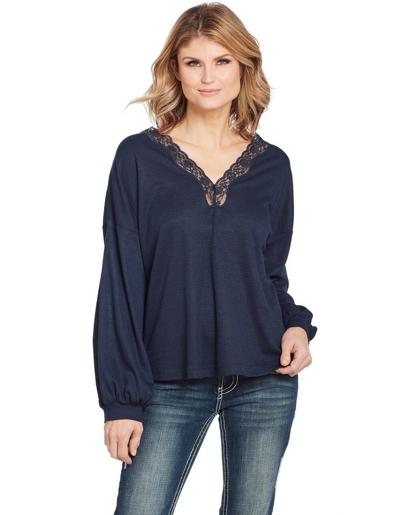 Cowgirl Up Western Shirt Womens Long Sleeve Lace Dolman Navy CG01104