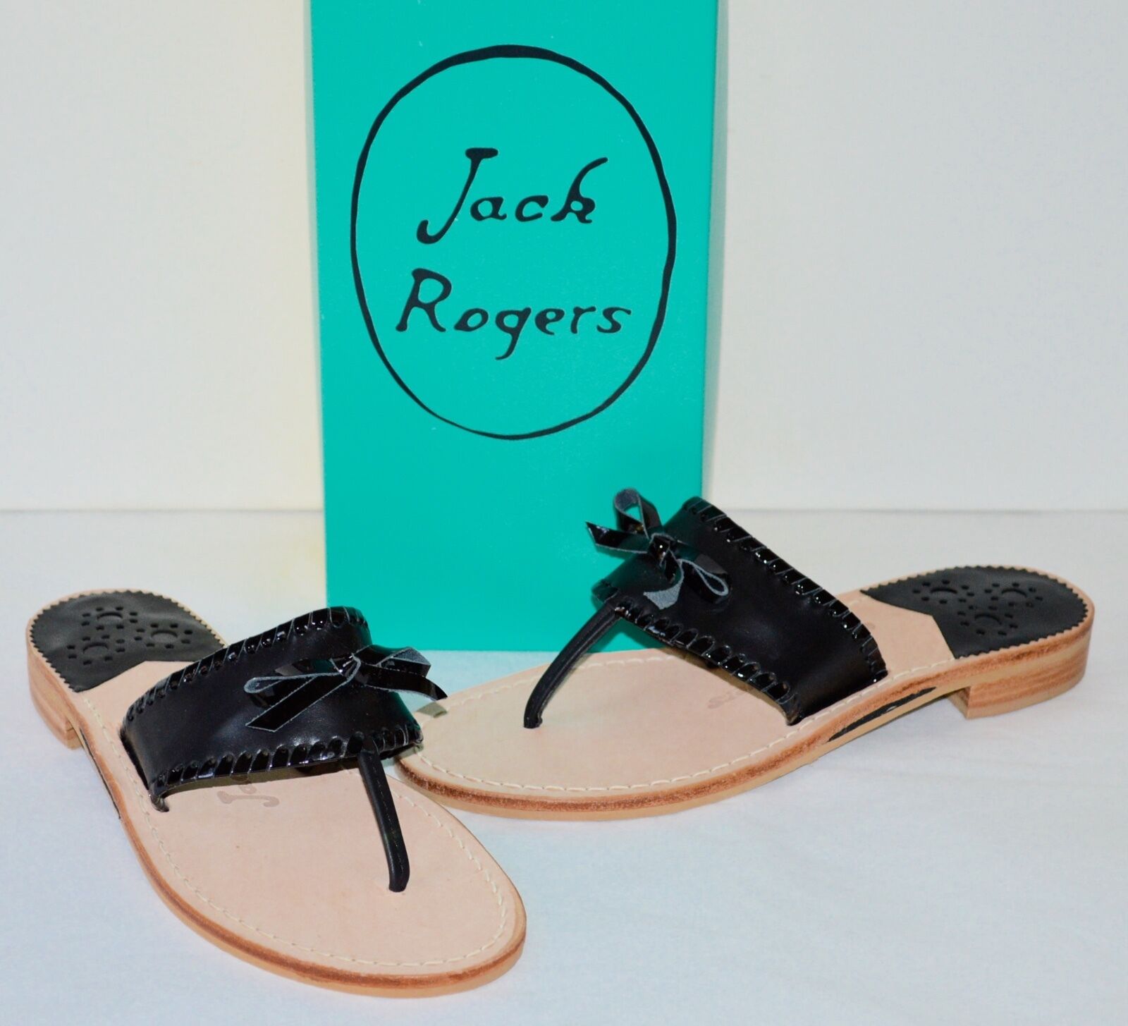 New $118 Jack Rogers Adeline Black Leather w/Patent Leather Sandal
