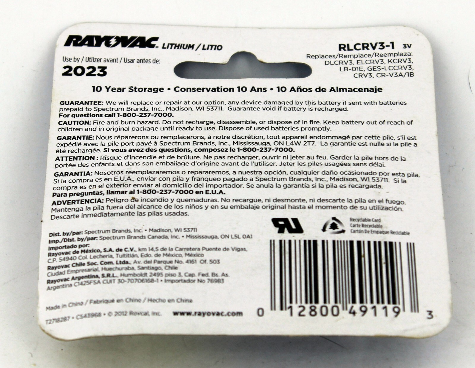 Rlcrv3 1 Brand New And Sealed Rayovac Lithium Crv3 Battery