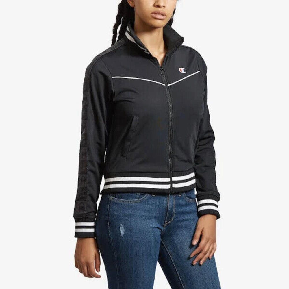 Champion Full-Zip Logo Tricot Track Jacket Women's Black / White / Grey NEW