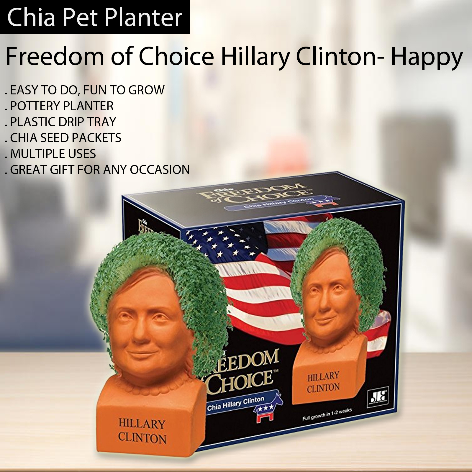 Chia Pet Planter - Freedom of Choice Hillary Clinton- Happy