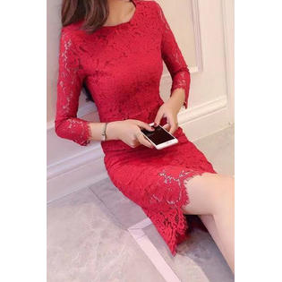 ZaraBeez Women Appealing Lace Pattern Round Neck Long Sleeve Knee Length Slim Fit Fabulous Party Evening Dress, Red ZaraBeez Women Appealing Lace Pattern Round Neck Long Sleeve Knee Length Slim Fit Fabulous Party Evening Dress, Red