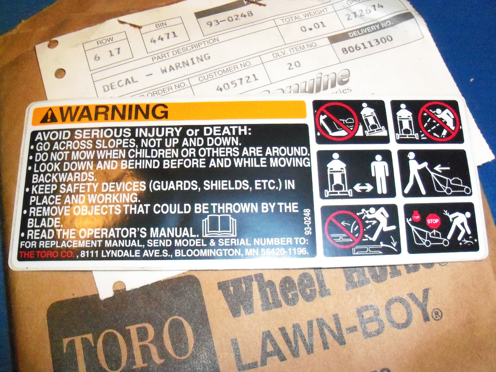 Toro New Toro Safety Decal 93 0248 T3