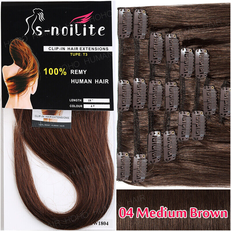 S-noilite Balayage Clip In 100% Remy Human Hair 8 Pieces Full Head  Extensions Brown