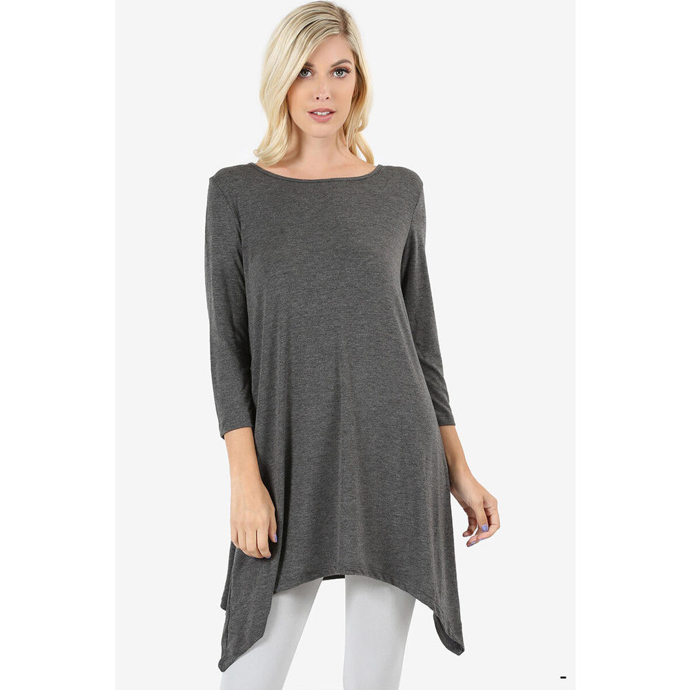 SLITS&STRIPES NEW WOMENS 3/4 SLEEVE EXTRA LONG TUNIC TOP BLOUSE ROUND ...