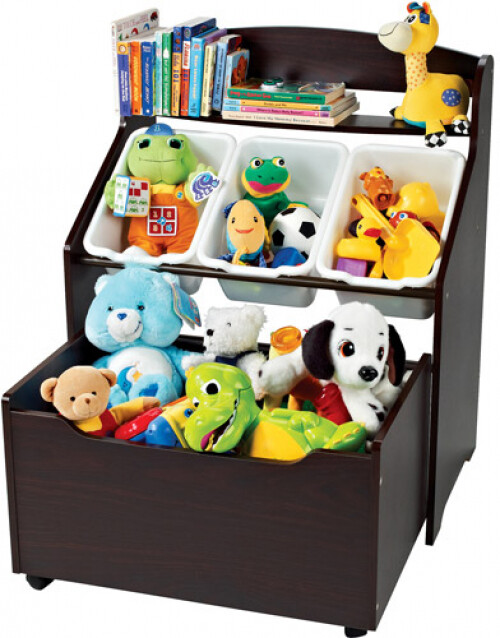 Toy Storage Wooden 3 Tier Espresso Bookshelf Rollout Box Kids