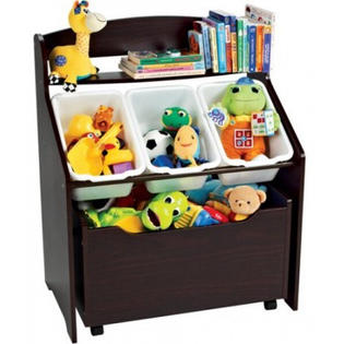 Toy Storage Wooden 3 Tier Espresso Bookshelf Rollout Box Kids