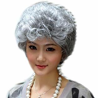 Niboka Short Silver Grey White Wigs Old Women Synthetic Hair Wigs