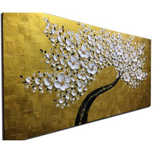 Desihum 3d Golden And White Flowers Wall Art Stretched Canvas