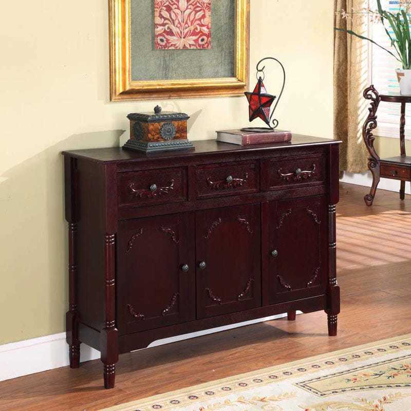 K B Console Table Dark Cherry Finish Detailed Glass Knobs Drawers