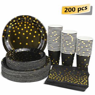 Simbago Black And Gold Party Supplies 200pcs Disposable Black