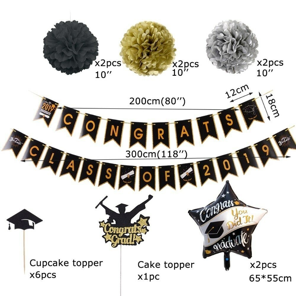 Sunbeauty 2019 Black Gold Silver Hanging Graduation Decorations