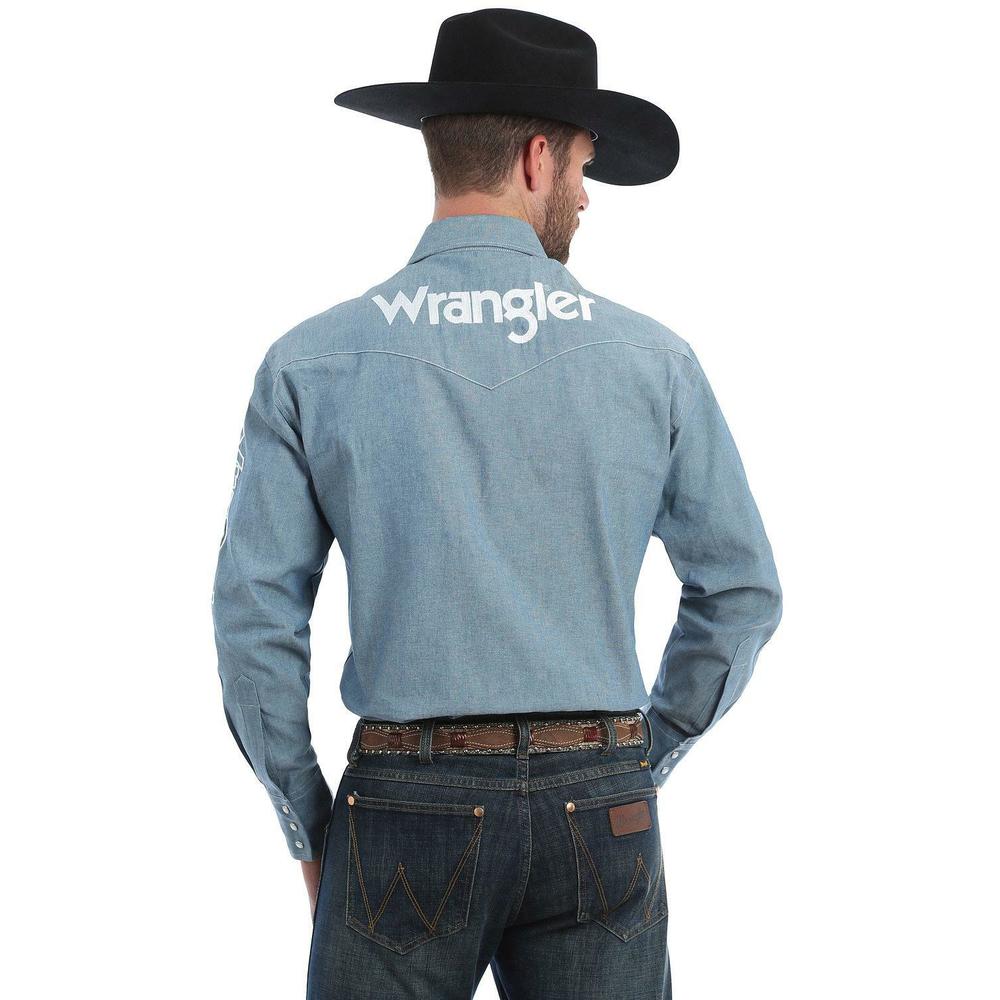 Wrangler Men S Blue Chambray Solid Logo Long Sleeve Western Shirt Mp1316m
