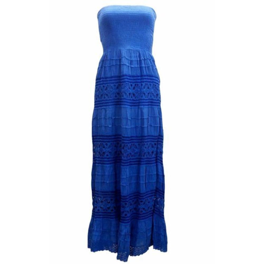 SOL Clothing Strapless Maxi Long Sundress Blue Crochet Tube Top Dress 100% Cotton Casual M L
