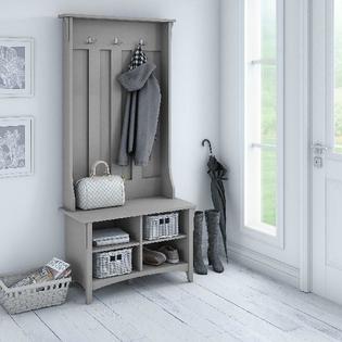 Bush Furniture Rustic Gray Wooden Hall Tree Coat Rack Hat Hooks