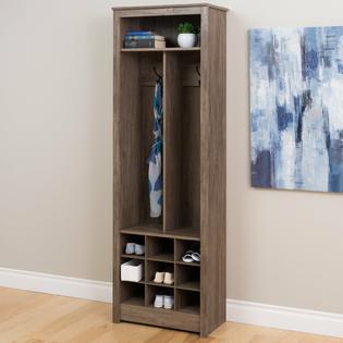Prepac Rustic Wooden Hall Tree Coat Rack Hooks Shoe Storage Locker