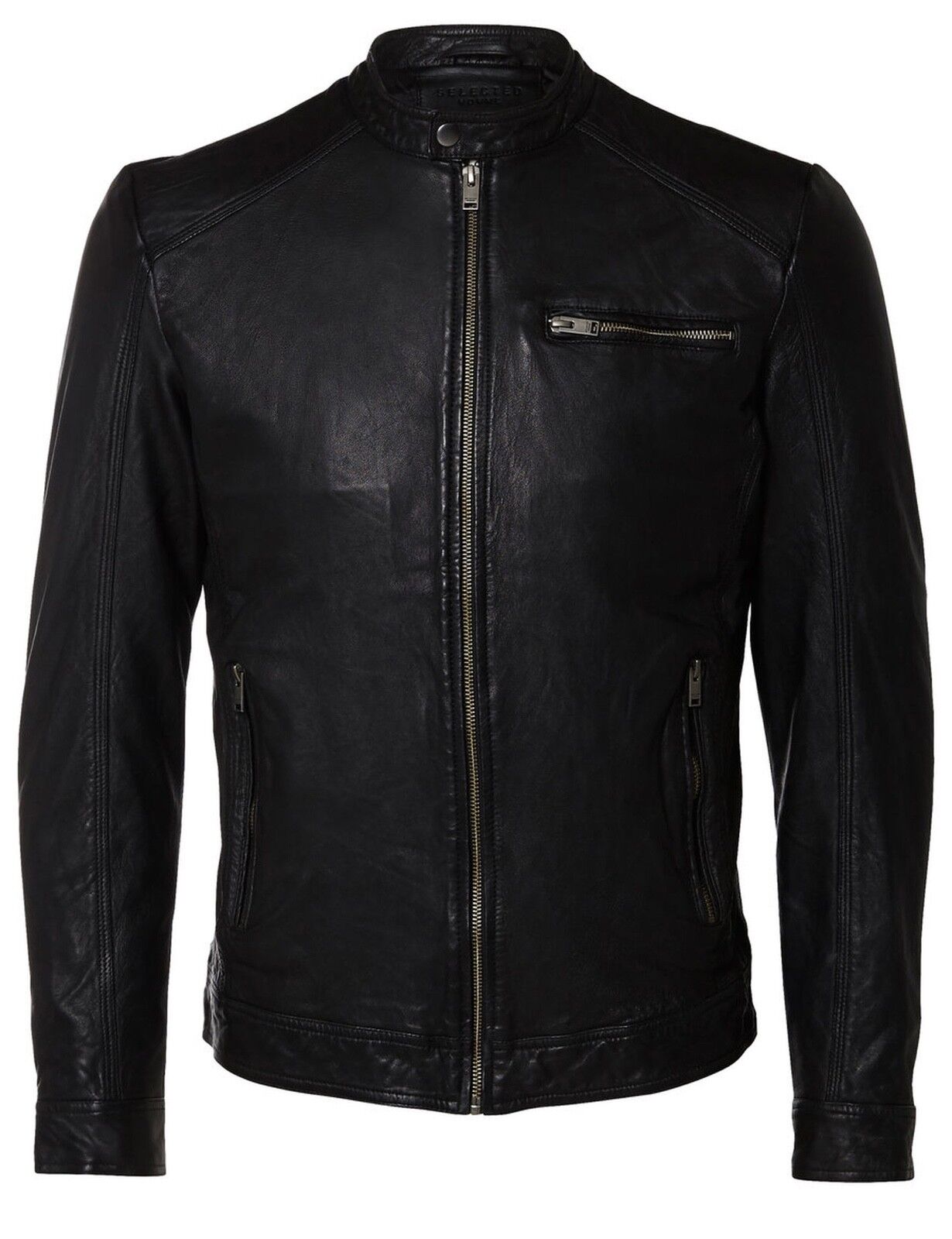 Selected SELECTED Homme Tylor Leather Jacket Short Fashion Bomber Biker Coat Black