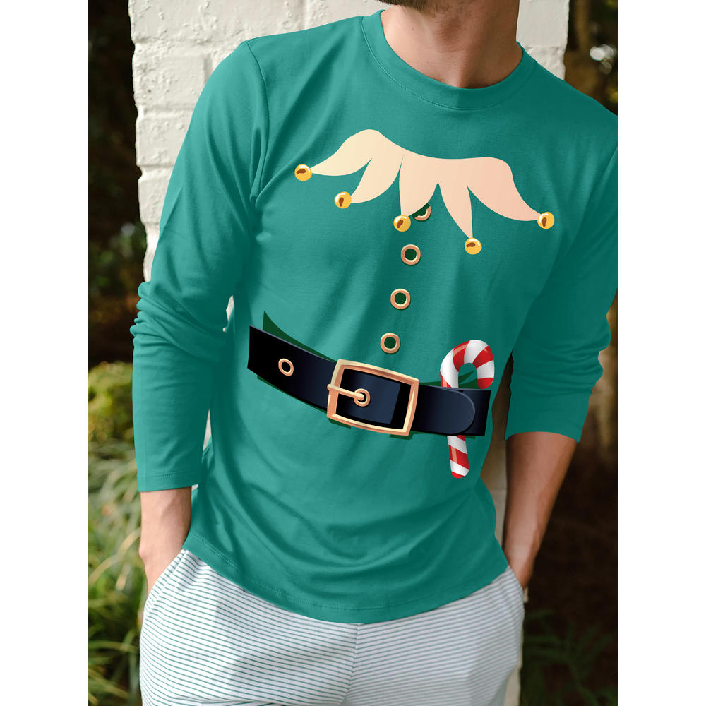 Hat and Beyond Mens Festive Winter Holiday Graphic Print Green Tee Elf Costume Long Sleeve Crew Neck Shirt