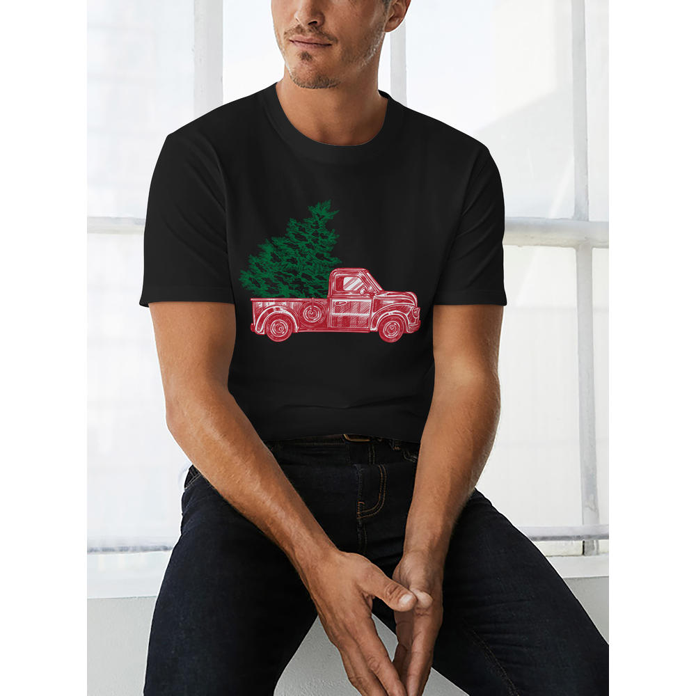 Hat and Beyond Mens Christmas Holiday Green Red Truck with Holiday Tree Digitally Print Short Sleeve Tee Shirt