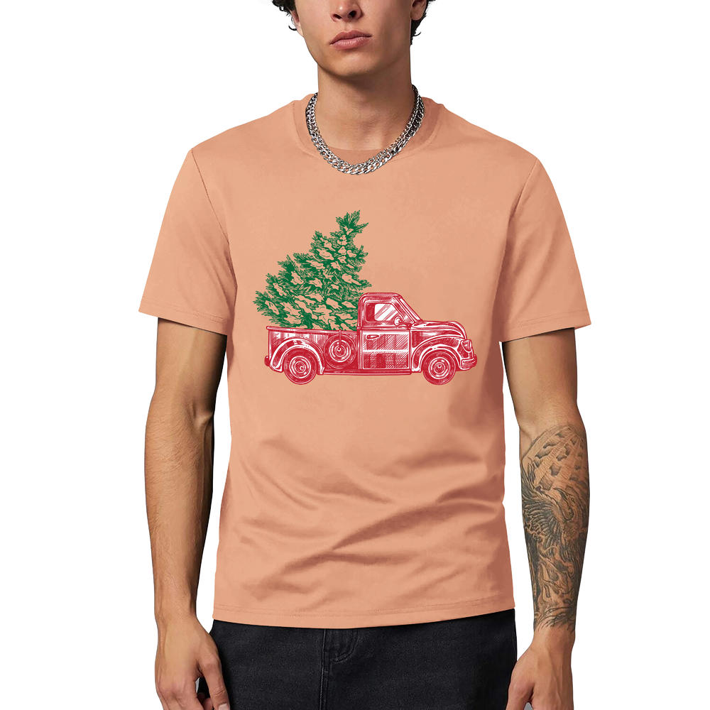 Hat and Beyond Mens Christmas Holiday Green Red Truck with Holiday Tree Digitally Print Short Sleeve Tee Shirt