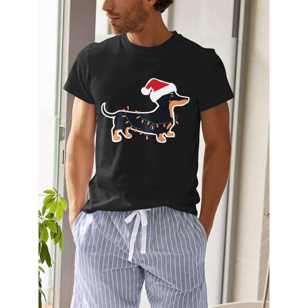 Hat and Beyond Mens Festive Winter Holidays Crew Neck Christmas Lights Weiner Dog Graphic Short Sleeve Tee Shirt