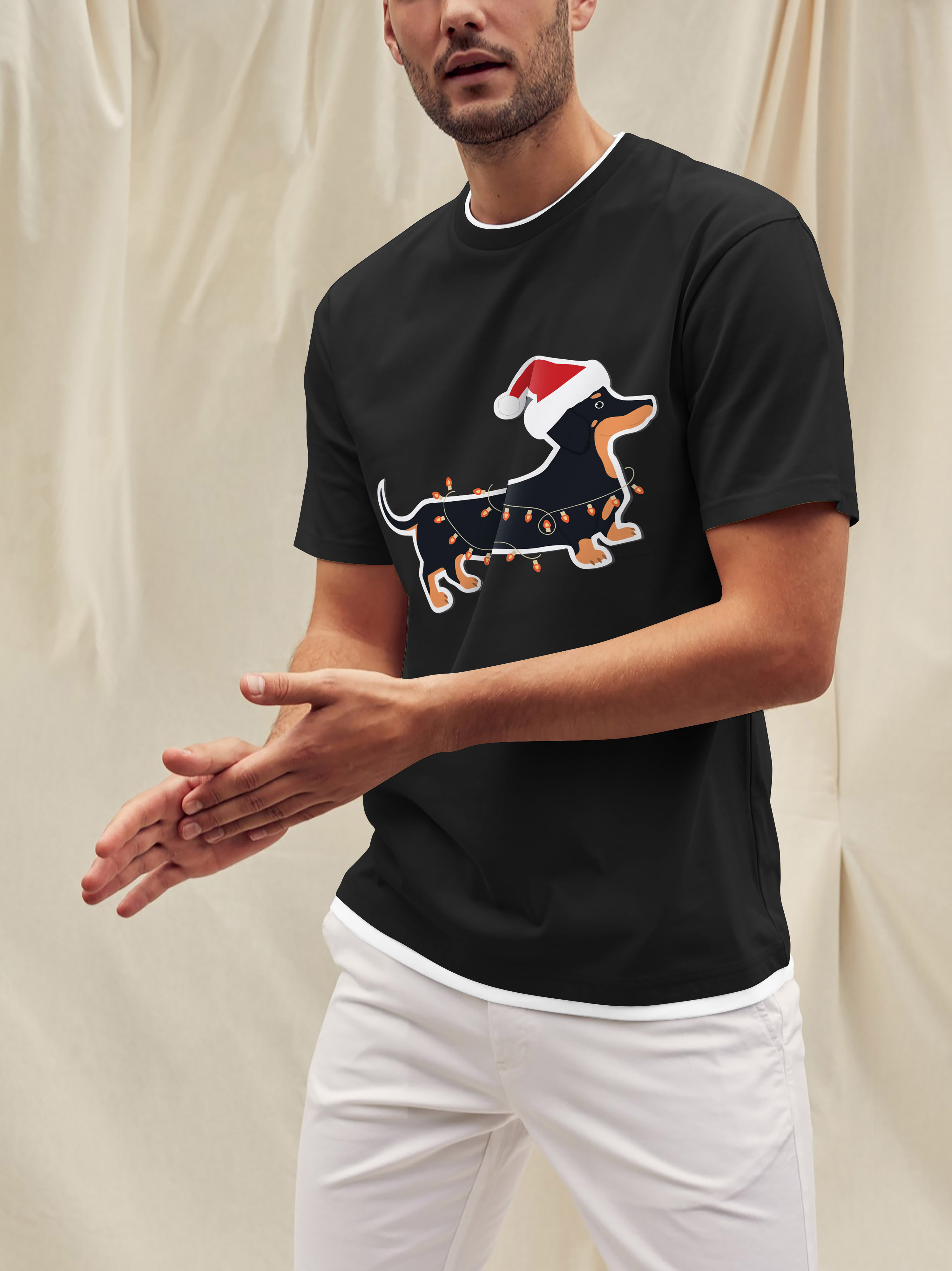 Hat and Beyond Mens Festive Winter Holidays Crew Neck Christmas Lights Weiner Dog Graphic Short Sleeve Tee Shirt
