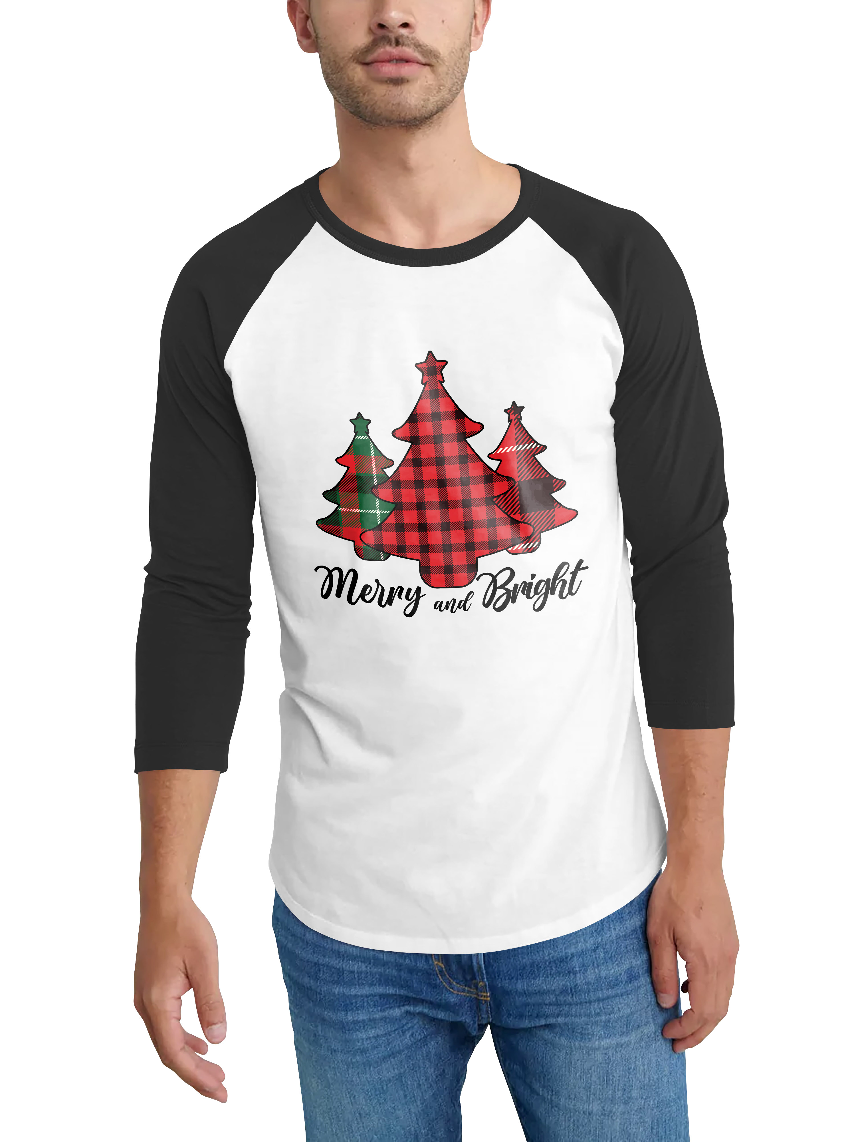 Hat and Beyond Mens Christmas Winter Holiday Festive Plaid Trees 3/4 Sleeve Raglan Tee Shirts