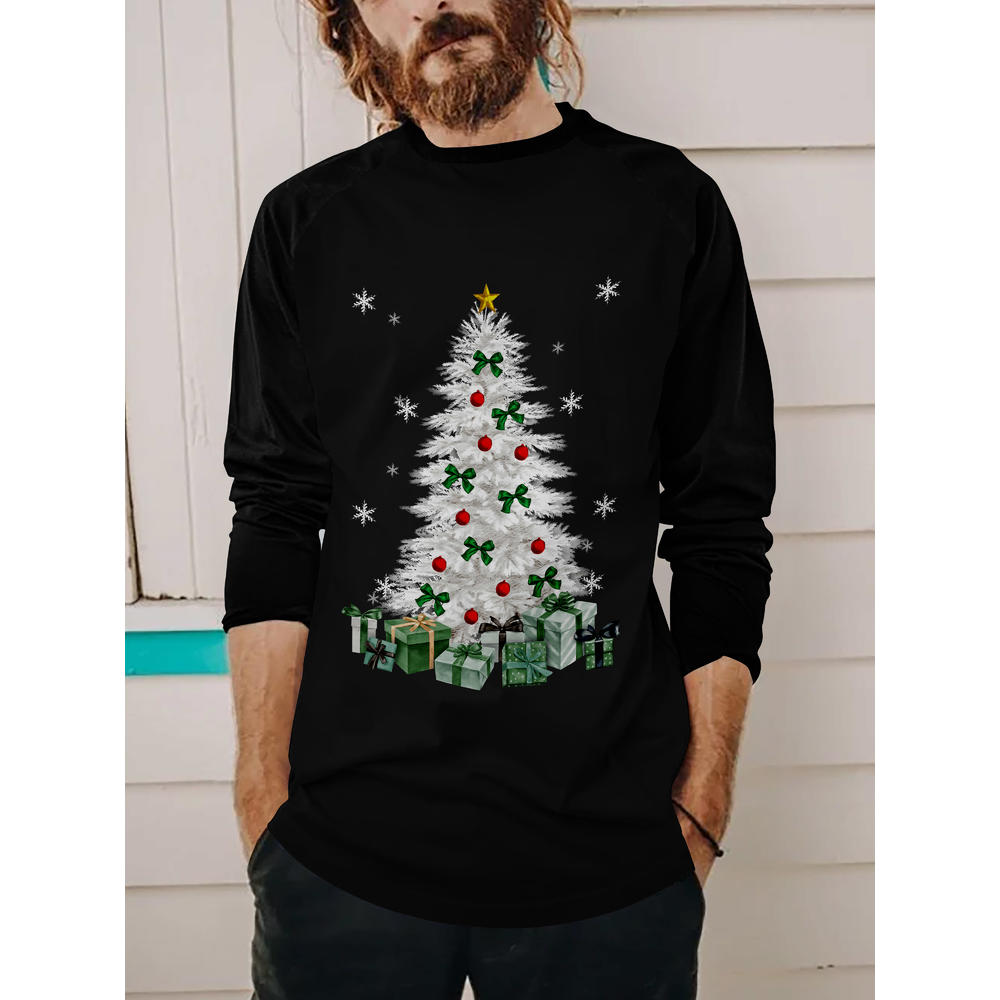 Hat and Beyond Mens Festive Winter Holidays Digital Print Sparkling Christmas Tree Raglan 3/4 Sleeve Raglan Baseball Tee Shirt