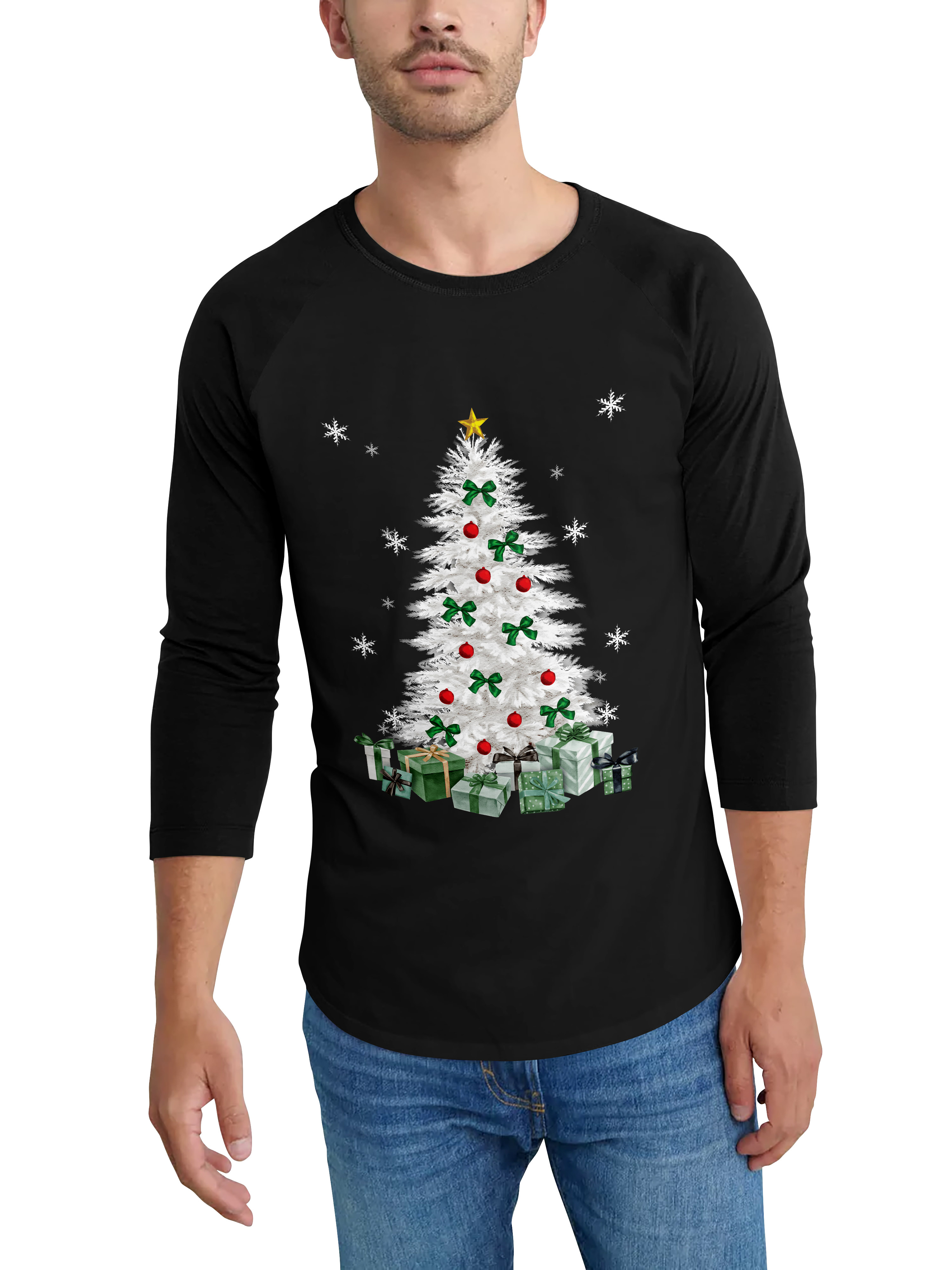 Hat and Beyond Mens Festive Winter Holidays Digital Print Sparkling Christmas Tree Raglan 3/4 Sleeve Raglan Baseball Tee Shirt