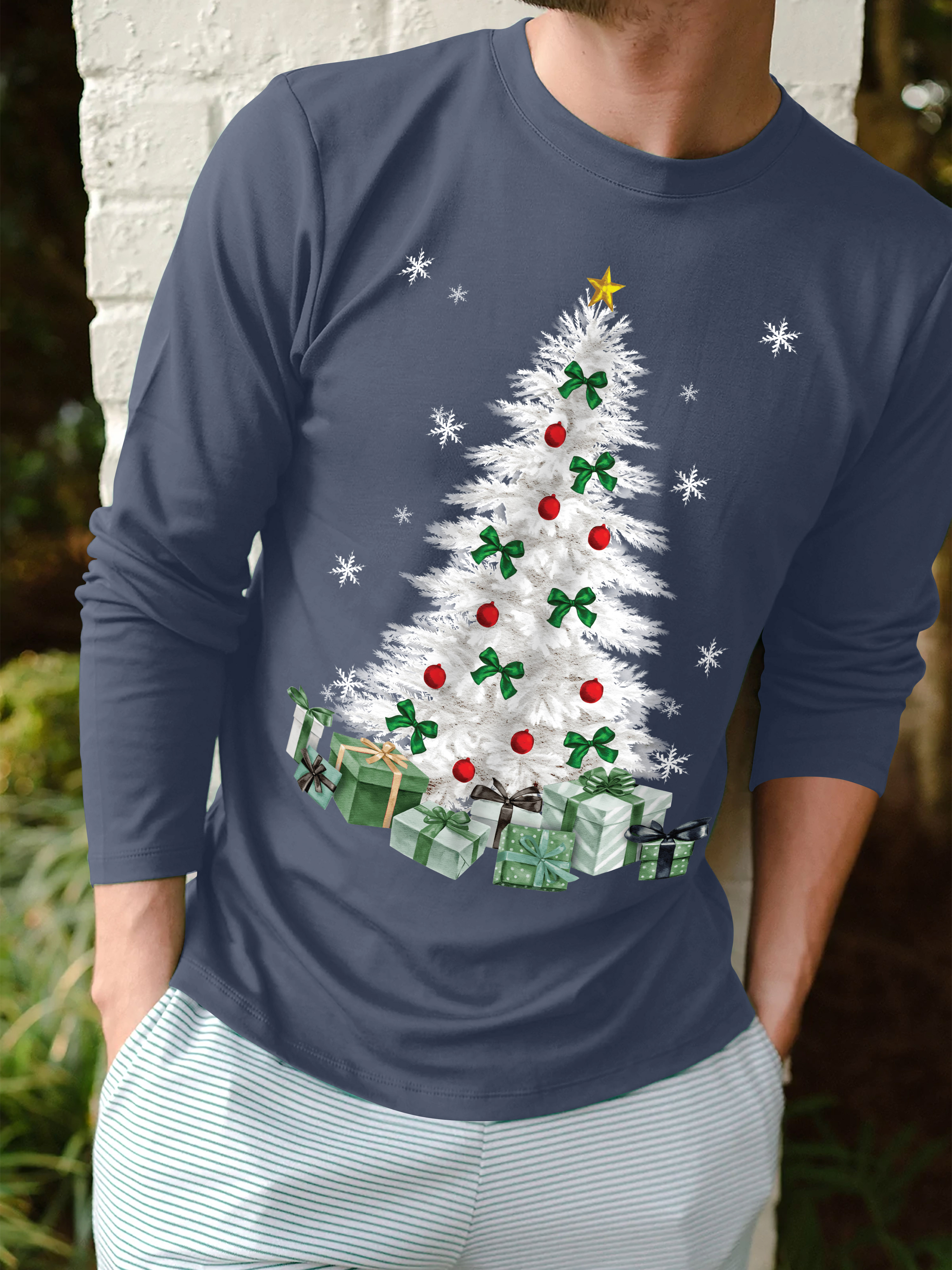 Hat and Beyond Mens Festive Winter Holidays Digitally Print Sparkling Christmas Tree Crew Neck Long Sleeved Tee Shirts