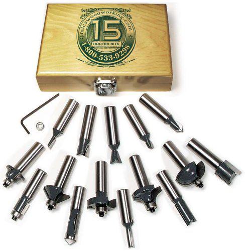 mlcs 6077 woodworking 1/4-inch shank carbide-tipped router bit set, 15-piece