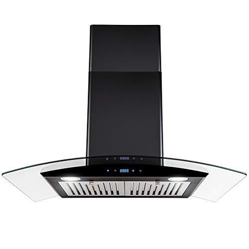 AKDY 217 CFM Convertible Wall Mount Range Hood with Tempered Glass and Carbon Filters in Black Painted Stainless Steel (30 in)
