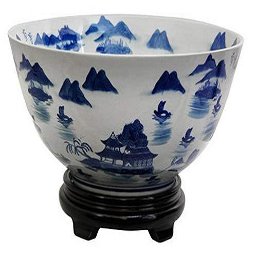 oriental furniture 14" landscape blue & white porcelain bowl