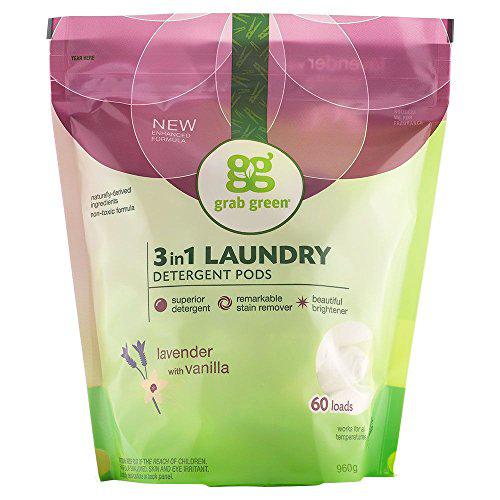 grab green natural 3 in 1 laundry detergent pods, lavender + vanilla-with essential oils, 60 loads, organic enzyme-powered, pla