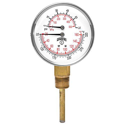 Winters Instruments winters ttd series steel dual scale tridicator thermometer with 2" stem, 0-75psi/kpa, 3" dial display, 3-2-3% accuracy, 1/2" np
