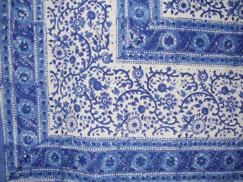 homestead rajasthan block print cotton tablecloth 90" x 60" blue