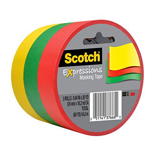 Scotch Brands scotch expressions masking tape, 0.94 x 20 yards, red, yellow, green, 3-rolls/pack (3437-3prm)