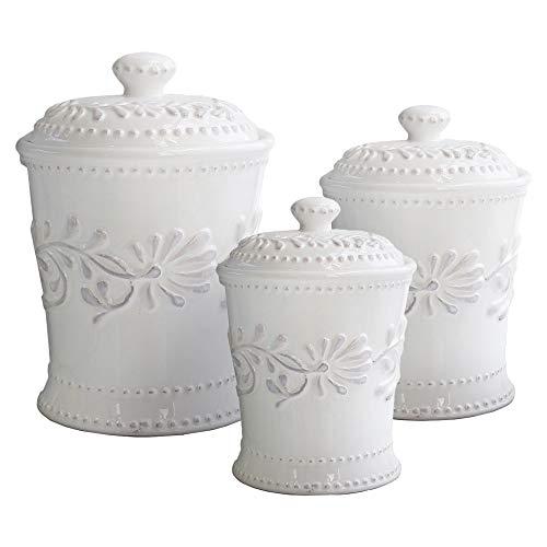 american atelier bianca leaf canister set 3-piece ceramic jars in 20oz, 48oz and 80oz chic design with lids for cookies, candy,