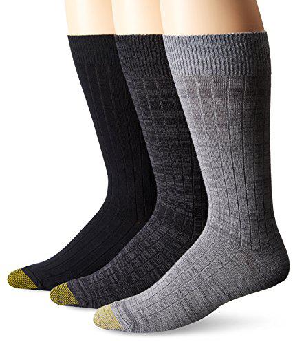 gold toe men's johnny rib crew 3 pack, charcoal/grey heat/black, sock size:10-13/shoe size: 6-12