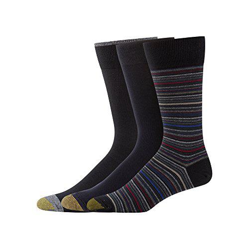 gold toe men's 3-pack fashion crew sock, multi-stripe black, shoe size: 12-16