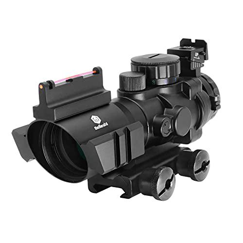 beileshi rifle scope 4x32 red/green/blue triple illuminated rapid range reticle scope with top fiber optic sight and weaver slo