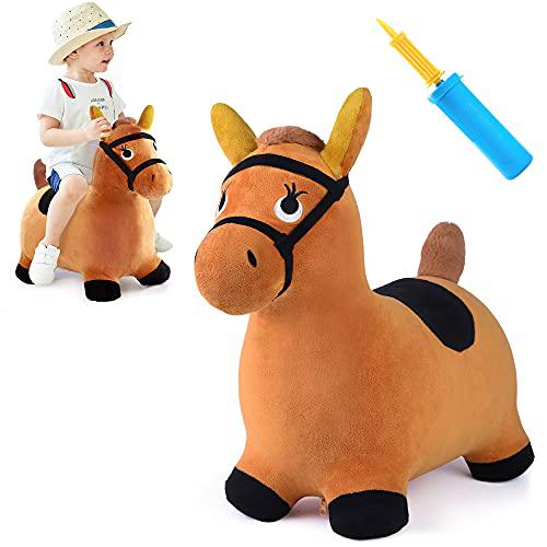iplay, ilearn brown hopping horse activity toy, outdoors ride on bouncy animal play toys, inflatable hopper plush covered with