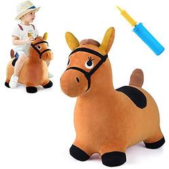 iplay, ilearn brown hopping horse activity toy, outdoors ride on bouncy animal play toys, inflatable hopper plush covered with