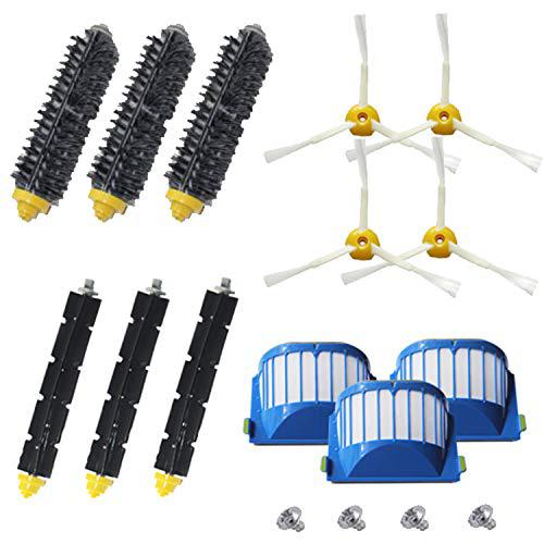 amyehouse accessory replacement kit of bristle & flexible beater brushes & 3-armed side brushes & aero vac filters for irobot r
