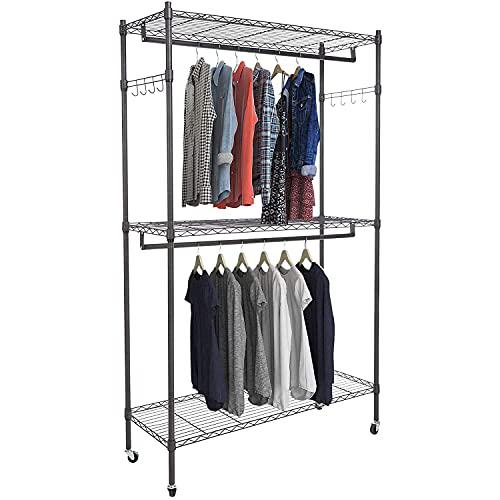 homdox 3 shelves wire shelving clothing rolling rack heavy duty commercial grade garment rack with wheels and side hooks (one p