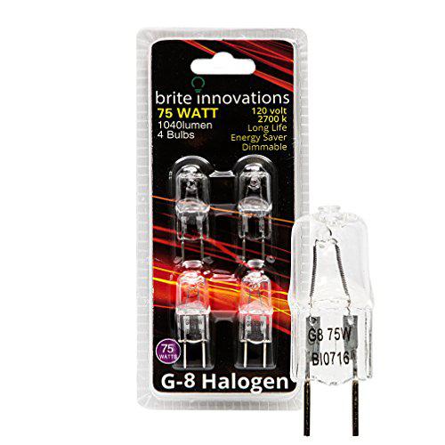 brite innovations g8 halogen bulb, 75 watt (4 pack) dimmable soft white 2700k -120v-bi pin -q20, cl, t4 jcd type, clear light b