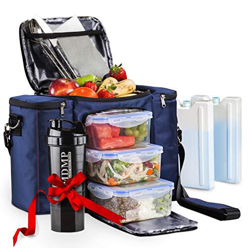 MDMP - My Daily Meal Plan meal prep lunch bag / box for men, women + 3 large food containers (45 oz.) + 2 big reusable ice packs + shoulder strap + shake