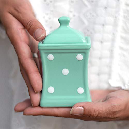 city to cottage handmade teal blue and white polka dot small 5.3oz/150ml ceramic kitchen herb, spice, storage jar with lid, pot