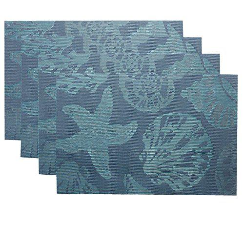 doupoo sea place mats beach theme,heat resistant placemats for dining table mats set of 4 - nautical blue reversible placemats