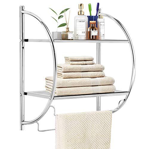 tangkula bathroom shelf towel with bar, 2  tier bathroom shelf wall mounted home toilet double layer organizer storage shelf, r